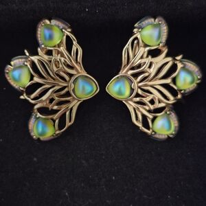 Thomas Blackshear Ebony Visions Peacock Goldtone Green Cabochon Clip-on Earrings